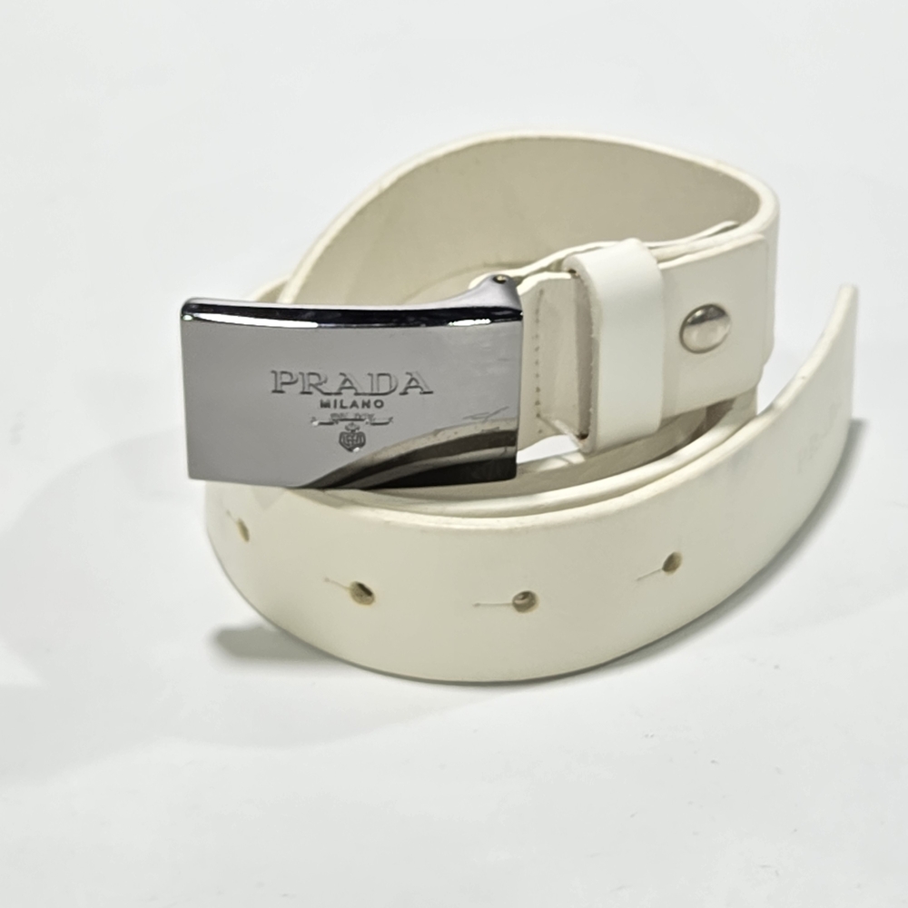 Prada Men's White Leather Belt Metal Engraved Logo Silver Buckle Belt US 33"-38"